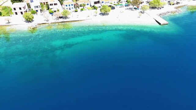 Aerial Drone View of Paralia Sergoulas on the Gulf of Corinth, Delphi Riviera, in Spring