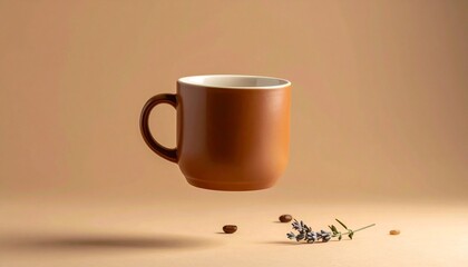 “Floating brown ceramic mug with soft shadow on monochrome background”