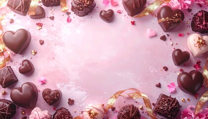 ピンクの背景とチョコレートのハートで飾られたロマンチックなバレンタインフレーム