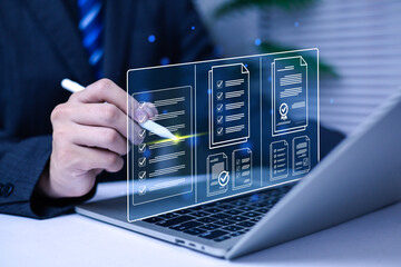 
Businessman working on computer using laptop business performance tracking and evaluation concept....