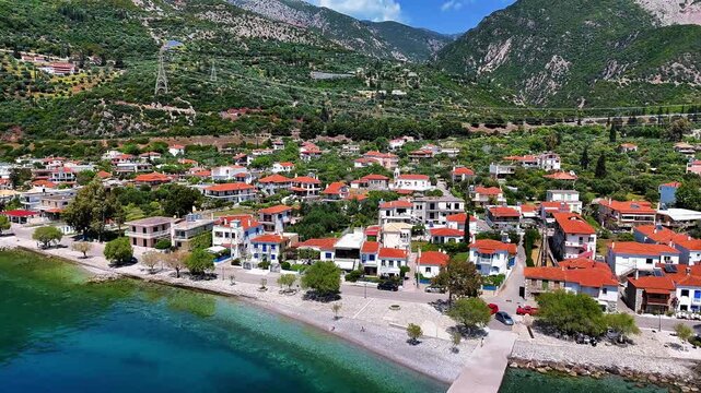 Aerial Drone View of Paralia Sergoulas on the Gulf of Corinth, Delphi Riviera, in Spring