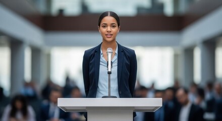Woman speaker delivering speech at podium. Public speaking event for business presentation or conference. Professional and confident communication.