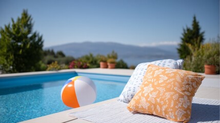 Obraz premium Bright sun shines over a serene poolside scene. A colorful beach ball sits near a cozy orange float, surrounded by lush greenery and a clear blue sky