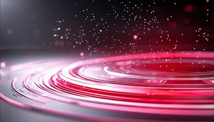 Abstract image of red data rings with particles floating in the dark background.