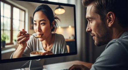 Man looking at a asian woman on a computer screen, who is eating breakfast. Mukbang Concept of virtual interaction, online communication, and long-distance relationship.