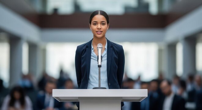 Woman speaker delivering speech at podium. Public speaking event for business presentation or conference. Professional and confident communication.