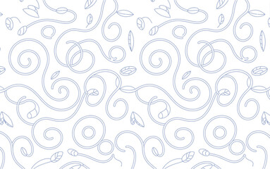 Delicate blue swirls and leaves seamless pattern on white