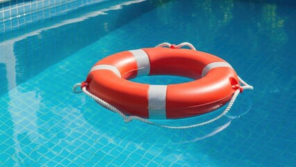 Orange lifebuoy floating calmly in a clear blue swimming pool. Safety and rescue concept for water sport advertisement.