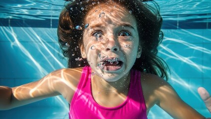 Little girl with wide eyes drowning underwater with bubbles escaping her nose and mouth, showing fear and struggle, concept of stress and anxiety.