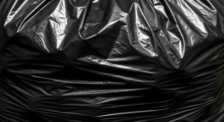 Close up of shiny black plastic bag texture surface. Wrinkled garbage sack material. Abstract pattern for recycling, waste management concept.