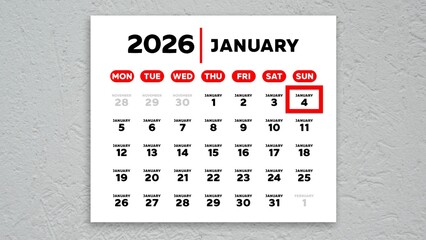The date January 4th marked with a red cursor on the wall calendar 2026