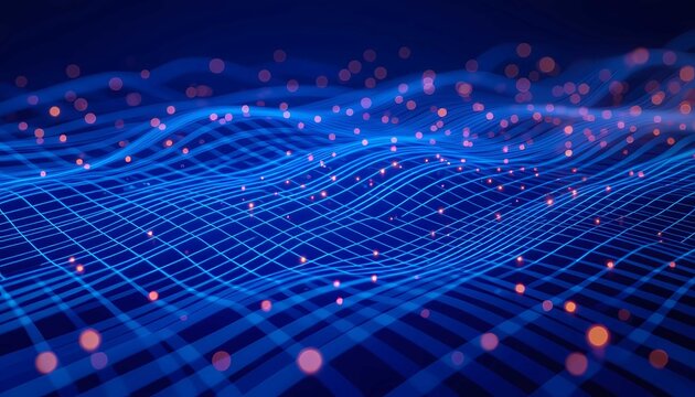 Dynamic blue wireframe grid flow, science visualization of modern technology and energy