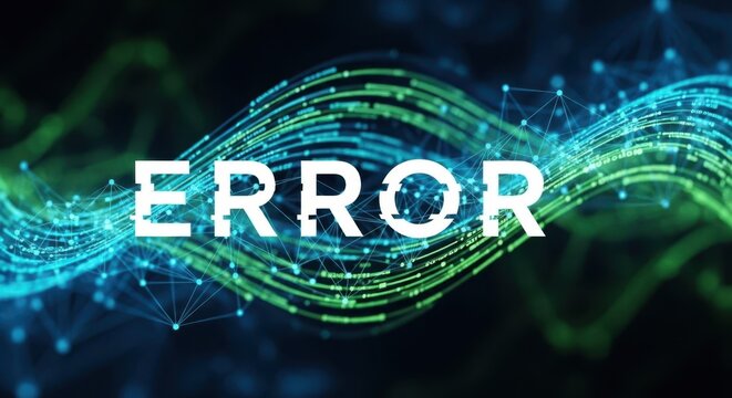 Error text on abstract digital background with data stream and network connection lines. Technology glitch or system malfunction concept.