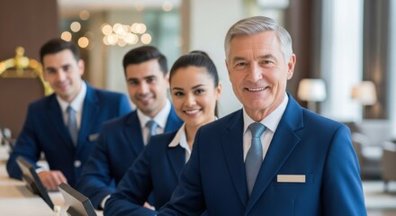 Group of hotel receptionists smiling at camera. Reception team members at work. Professional hospitality service concept for hotel business.