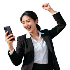 Cheerful Businesswoman Celebrating with Smartphone – Success Moment.png