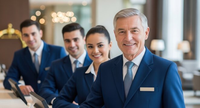 Group of hotel receptionists smiling at camera. Reception team members at work. Professional hospitality service concept for hotel business.