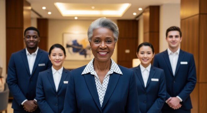 Confident senior african american woman hotel manager with her happy diverse team in uniform standing in a modern lobby. Hospitality staff group portrait for business.