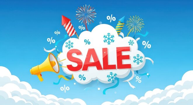 Sale announcement with fireworks and megaphone against blue sky and clouds - Powered by Adobe