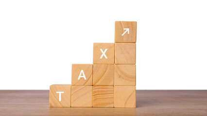 Wooden blocks with word tax forming rising staircase and arrow, isolated on transparent background