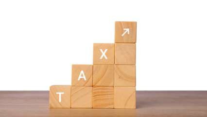 Wooden blocks with word tax forming rising staircase and arrow, isolated on transparent background