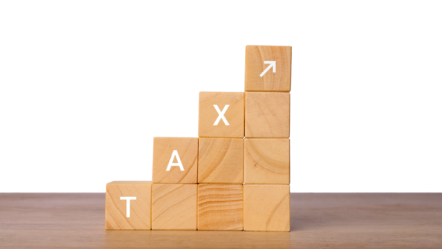 Wooden blocks with word tax forming rising staircase and arrow, isolated on transparent background