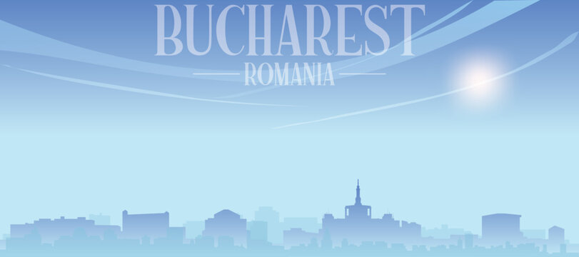 Blue panoramic poster of the city skyline with misty background buildings and clouds of BUCHAREST, ROMANIA