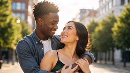 Affectionate interracial couple in love on a sunny day. A smiling Black man hugs his Asian girlfriend from behind on a city street