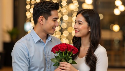 Happy young Asian couple on a romantic date. A smiling man gives a bouquet of red roses to his girlfriend as a gift for an anniversary or valentine's day