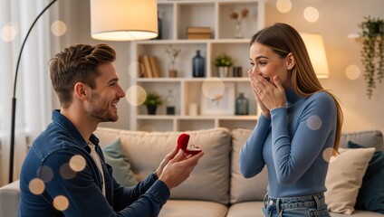 Man making a marriage proposal to a happy woman in a cozy living room. Romantic engagement moment with a diamond ring. Young couple celebrating their love and commitment