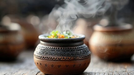 Close-up of a steaming bowl of soup in a decorative pottery bowl on a rustic wooden table. The steam rises, creating a warm and inviting atmosphere.