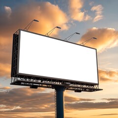 Mock up image: wide blank white billboard or large display and clouds against sunset warm sky. Consumerism, mockup, advertising, isolated white screen, background, template, copyspace concept