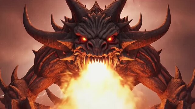 Powerful mythical demon beast roaring fire in a hellish volcanic cave with lightning