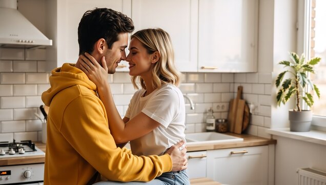 Affectionate young couple embracing in a modern kitchen. Happy man and woman sharing an intimate romantic moment at home - Powered by Adobe