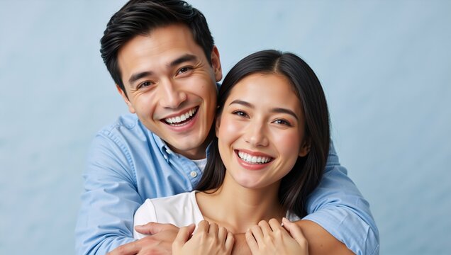 Happy young Asian couple hugging and smiling at the camera. Portrait of a man and woman with perfect white teeth in a loving embrace on a blue background