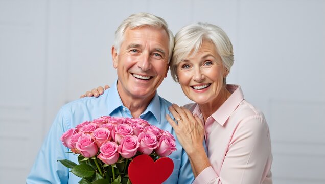 A happy senior couple celebrates with a romantic gift of pink roses. An older man and woman smile together for an anniversary or Valentine's Day portrait - Powered by Adobe