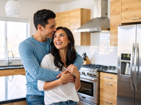 Happy young couple in love embracing in a modern kitchen. Smiling man hugging his wife from behind at home