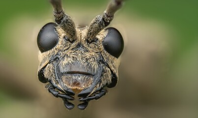 Extreme close-up of a detailed insect face with prominent black eyes and antennae on a blurred green background