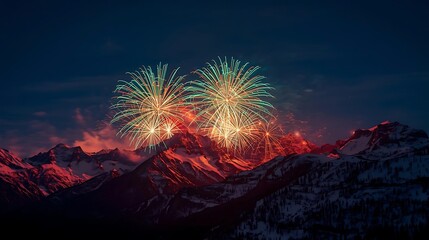 New Year 2026 fireworks exploding over snowy mountains, vibrant colors, long-exposure photography effect, ultra-sharp details.