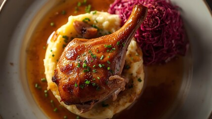 Gourmet roasted duck breast with mashed potatoes and red cabbage