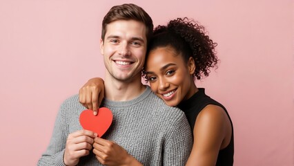 Happy interracial couple holding a red paper heart on a pink background. Young man and woman hugging and smiling. Valentine's Day concept