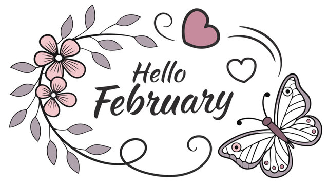 Vector illustration of words ‘Hello February’ decorated with flowers, hearts, butterflies and delicate leaves, creating a romantic floral composition