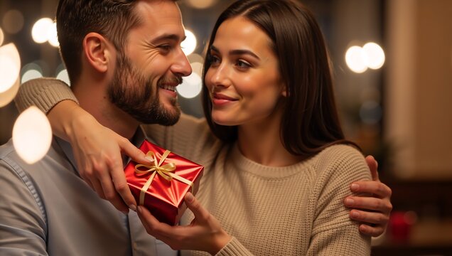 A happy woman giving a red gift to her smiling partner. Romantic couple celebrating an anniversary or valentine's day in a cozy setting