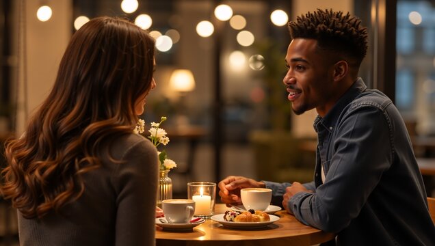 Young diverse couple enjoying a romantic date night at a coffee shop. Man and woman talking and smiling at a table with coffee and a candle - Powered by Adobe