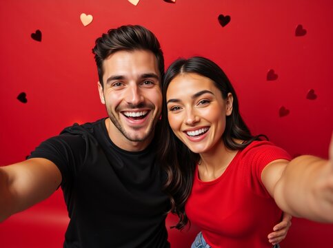 Happy young couple taking a romantic selfie on valentine's day. Smiling man and woman posing together against a red background with hearts