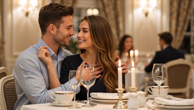 Romantic couple having dinner in a luxury restaurant. Happy man and woman looking at each other with affection during a candlelight date night. Love and relationship concept - Powered by Adobe