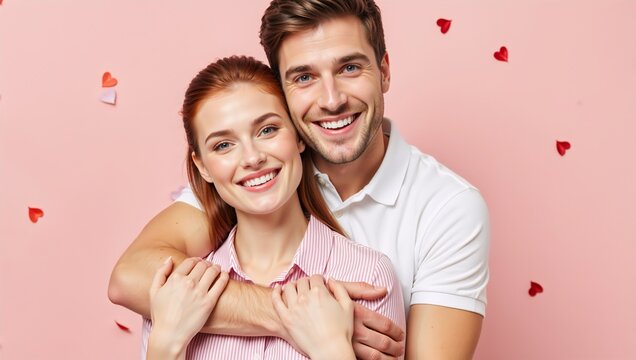 Happy young couple hugging and smiling at the camera. Romantic man embracing his girlfriend from behind on a pink background with heart confetti - Powered by Adobe