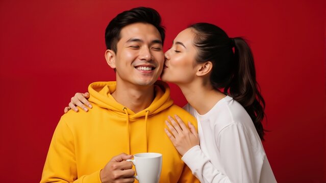 Affectionate young asian woman kissing her happy boyfriend on the cheek. Romantic couple on a red background with the man in a yellow hoodie holding a mug.