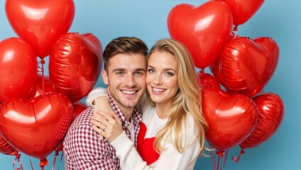 Happy young couple celebrating with red heart balloons. Smiling man and woman embracing on Valentine's Day. Romantic relationship and anniversary concept on a blue background