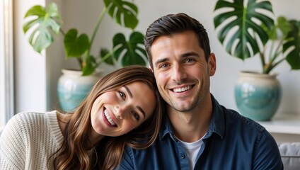 A happy young couple smiling together in a close-up portrait. Affectionate man and woman in a loving relationship at home with plants in the background