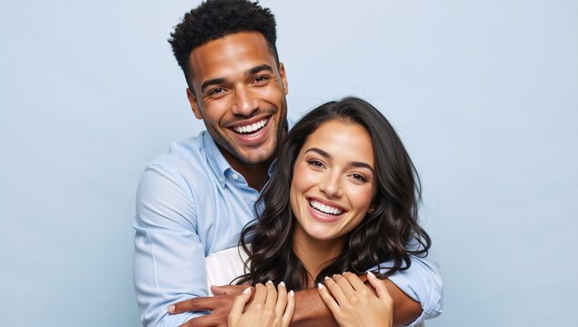 Portrait of a happy young interracial couple with perfect white smiles. Handsome black man lovingly embracing his girlfriend from behind on a blue background. Relationship and dental care concept